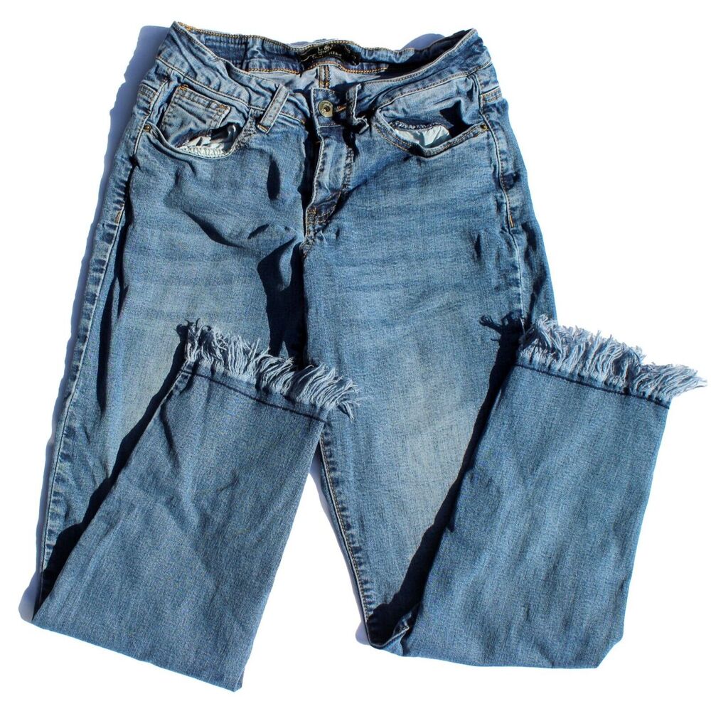 Distressed Boyfriend Jeans L&B Lucky & Blessed Size 2 Frayed Hem Light Blue Deni